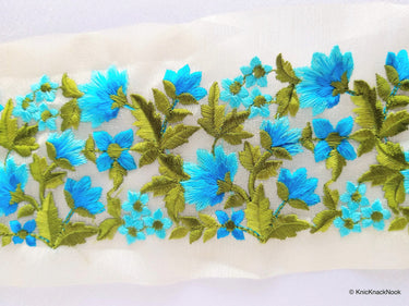 Gold Sheer Tissue Fabric Trim With Embroidered Turquoise / Red / Dark Blue / Pink / Blue / Orange & Green Flowers,